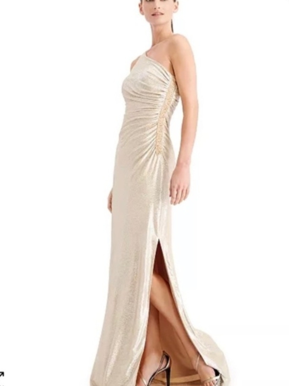 One-Shoulder Metallic Gold Evening Gown Calvin Klein Wedding Bridesmaid Gala